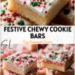 Soft and chewy Christmas Sugar Cookie Bars topped with festive sprinkles and frosting on a holiday table